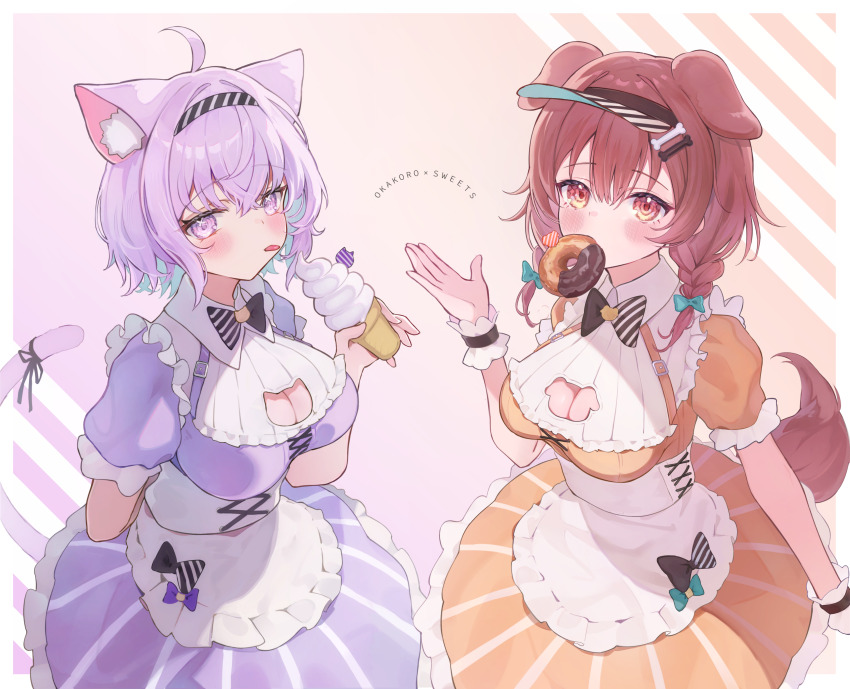 2girls absurdres ahoge alternate_costume animal_ear_fluff animal_ears apron bow bowtie braid breasts brown_eyes brown_hair cat_ears cat_tail chocolate_donut cleavage cleavage_cutout clothing_cutout commentary_request dog_ears dog_tail donut double-parted_bangs dress food food_in_mouth frilled_dress frilled_wrist_cuffs frills gradient_background hair_between_eyes hairband highres holding holding_ice_cream_cone hololive ice_cream_cone inugami_korone large_breasts looking_at_viewer low_twin_braids maid maid_apron multiple_girls nekomata_okayu nishiro_hato puffy_short_sleeves puffy_sleeves purple_eyes purple_hair short_sleeves sidelocks striped_bow striped_bowtie striped_clothes tail tongue tongue_out twin_braids underbust virtual_youtuber visor_cap waist_apron wrist_cuffs yellow_dress