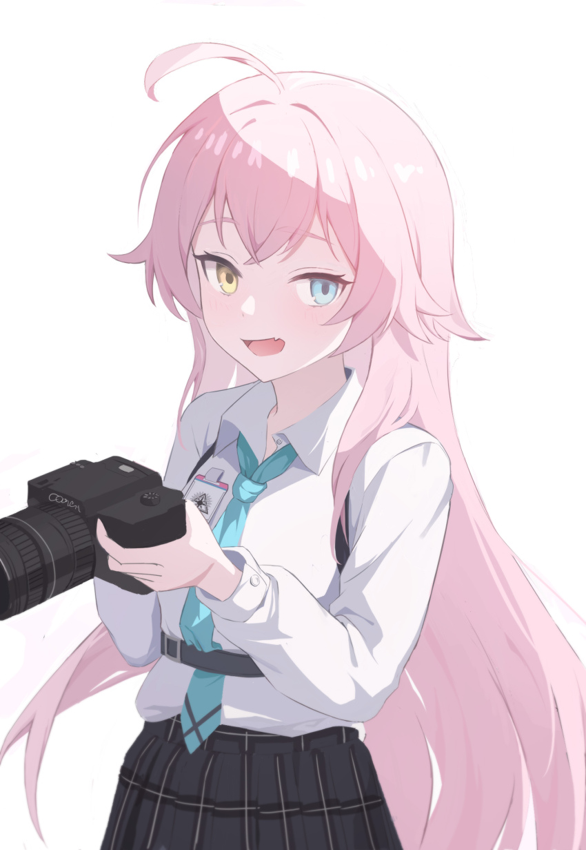 1girl absurdres ahoge aqua_necktie blue_archive blue_eyes camera camera_hold_pose_(han-0v0) chinese_commentary collared_shirt commentary_request cowboy_shot fang fengshengruyu heterochromia highres holding holding_camera hoshino_(blue_archive) long_hair long_sleeves looking_at_viewer necktie open_mouth pink_hair plaid_clothes plaid_skirt shirt shirt_tucked_in simple_background skin_fang skirt smile solo very_long_hair white_background white_shirt yellow_eyes