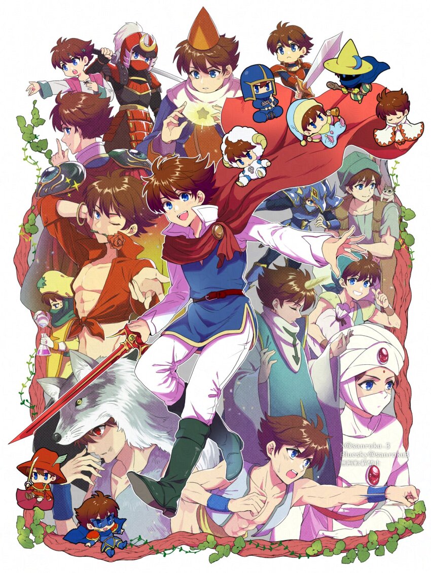 1boy aqua_bandana armor bangle bard_(final_fantasy) bartz_klauser beastmaster_(final_fantasy) berserker_(final_fantasy) bindi black_mage_(final_fantasy) blue_cloak blue_eyes blue_tunic blue_visor boots bracelet bracer brown_hair chibi clenched_hands cloak closed_eyes cropped_vest dragoon_(final_fantasy) eye_mask final_fantasy final_fantasy_v flower flower_in_mouth full_body gem geomancer_(final_fantasy) green_footwear hair_between_eyes hand_in_own_hair hat hat_feather highres holding holding_sword holding_weapon horns japanese_armor jewelry knight_(final_fantasy) light_blush male_focus mask mouth_mask multiple_views mystic_knight ninja_(final_fantasy) one_eye_closed open_mouth pants pectorals pointy_hat punching red_cloak red_flower red_gemstone red_hat red_mage_(final_fantasy) red_rose red_shirt rose samurai samurai_(final_fantasy) sanroku_3 sheep_horns shirt short_hair shoulder_armor single_horn smile sparkle summoner_(final_fantasy) sword thief_(final_fantasy) time_mage tunic turban vest weapon white_background white_mage_(final_fantasy) white_pants white_shirt wizard_hat wolf_hood