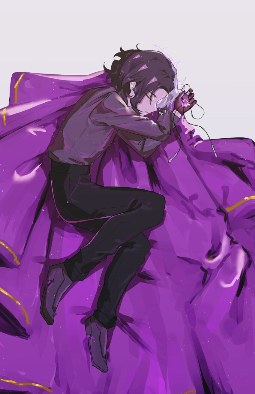 1boy amethio_(pokemon) black_pants closed_eyes commentary_request copituji eyelashes from_above full_body gloves highres long_sleeves lying male_focus nintendo on_side pants parted_lips pokemon pokemon_(anime) pokemon_horizons shirt shoes short_hair solo