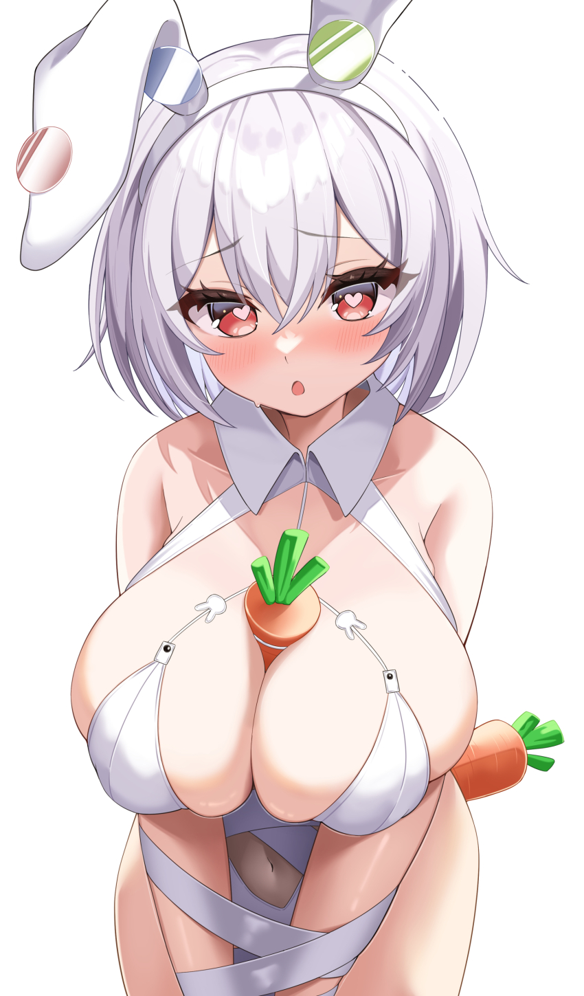 1girl :o absurdres animal_ears azur_lane bare_shoulders between_breasts blush bound breasts breasts_squeezed_together carrot covered_navel detached_collar elegant_(sumisumi4268) fake_animal_ears grey_hair heart heart-shaped_pupils highres large_breasts leotard looking_at_viewer medium_hair open_mouth rabbit_ears red_eyes restrained simple_background sirius_(azur_lane) sirius_(rabbit_of_paradise)_(azur_lane) solo symbol-shaped_pupils white_background white_leotard