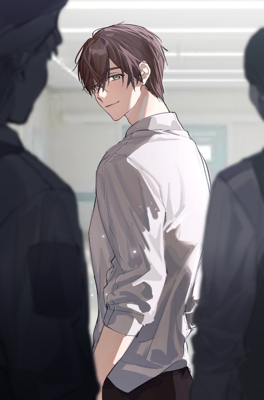 1boy ameinu blurry blurry_background brown_hair buried_stars character_request collared_shirt hair_between_eyes highres indoors lee_gyu-hyuk long_sleeves looking_at_viewer looking_back male_focus pants shirt short_hair