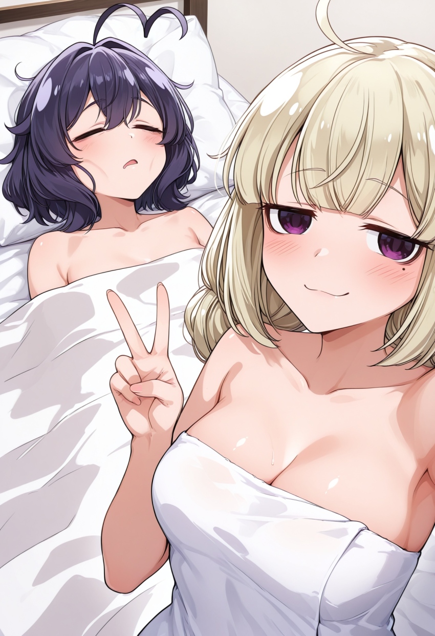 2girls :3 aftersex ahoge ai-generated araga_kiwi bare_shoulders bed black_hair blonde_hair blunt_bangs blush breasts cleavage closed_eyes collarbone covering_privates eyebrows_hidden_by_hair guy_tired_after_sex_(meme) hair_between_eyes hair_intakes half-closed_eyes hand_up hashtag-only_commentary highres hiiragi_utena large_breasts light_smile long_hair looking_at_viewer lying mahou_shoujo_ni_akogarete medium_breasts meme mole mole_under_eye multiple_girls naked_towel neck note_kaga nude nude_cover on_back on_bed open_mouth pillow purple_eyes salute short_hair sleeping smile towel two-finger_salute under_covers upper_body v yuri