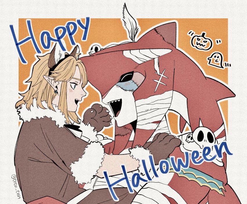 2boys animal_ear_fluff animal_ear_headwear animal_ears animal_hands bandages blonde_hair blush border brown_shirt carrying carrying_person claws closed_eyes colored_skin commentary_request ear_piercing earrings english_text fake_animal_ears fur-trimmed_collar fur-trimmed_gloves fur-trimmed_sleeves fur_trim ghost gloves halloween highres holding jack-o&#039;-lantern jewelry link male_focus multiple_boys nintendo open_mouth patchwork_skin piercing pointy_ears profile pumpkin red_skin scar scar_on_face shark_boy sharp_teeth shirt sidon single_earring skill skull_ornament smile teeth teto_ten the_legend_of_zelda the_legend_of_zelda:_breath_of_the_wild triangle_mouth twitter_username upper_teeth_only white_border white_skin