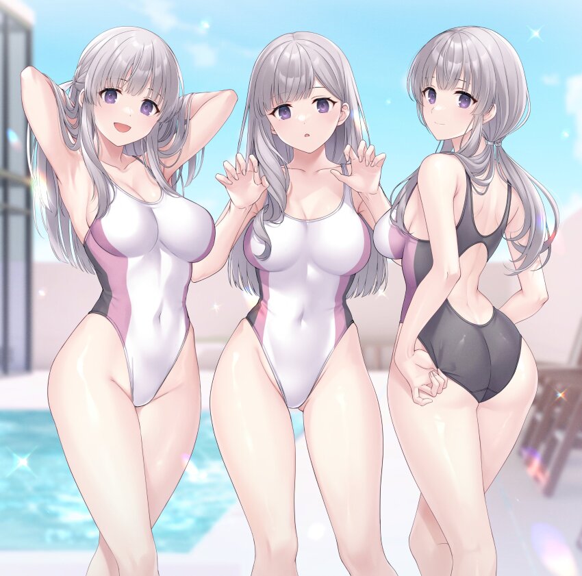 3girls absurdres adjusting_clothes adjusting_swimsuit ass blue_sky cloud collarbone commission competition_swimsuit covered_navel e_(eokiba) feet_out_of_frame gradient_background grey_hair highleg highleg_one-piece_swimsuit highres idolmaster idolmaster_shiny_colors long_hair low_twintails multicolored_swimsuit multiple_girls multiple_persona one-piece_swimsuit pool skeb_commission sky swimsuit twintails white_one-piece_swimsuit yukoku_kiriko