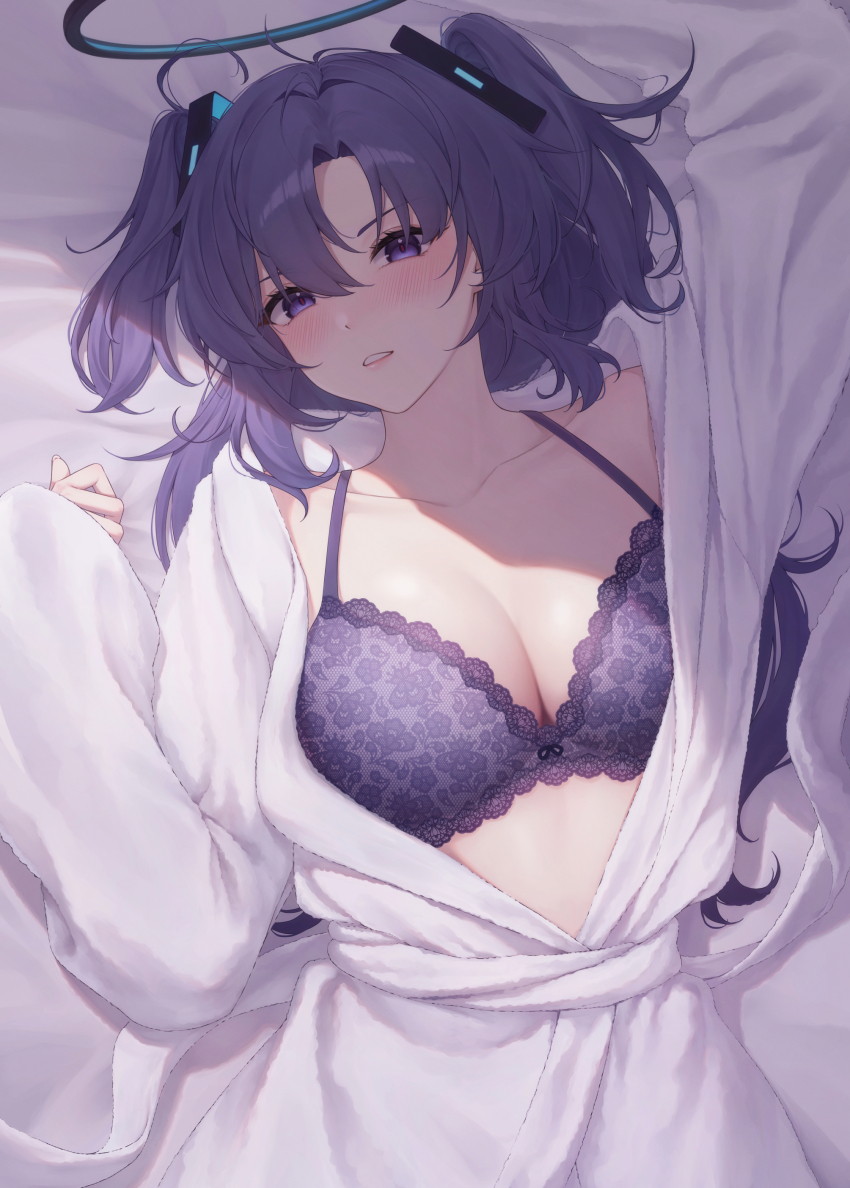 1girl absurdres alternate_costume bathrobe black_halo blue_archive blush bra breasts cleavage hair_between_eyes halo highres large_breasts long_hair looking_at_viewer lying on_back parted_lips purple_bra purple_eyes purple_hair sidelocks solo soo_ou two_side_up underwear yuuka_(blue_archive)