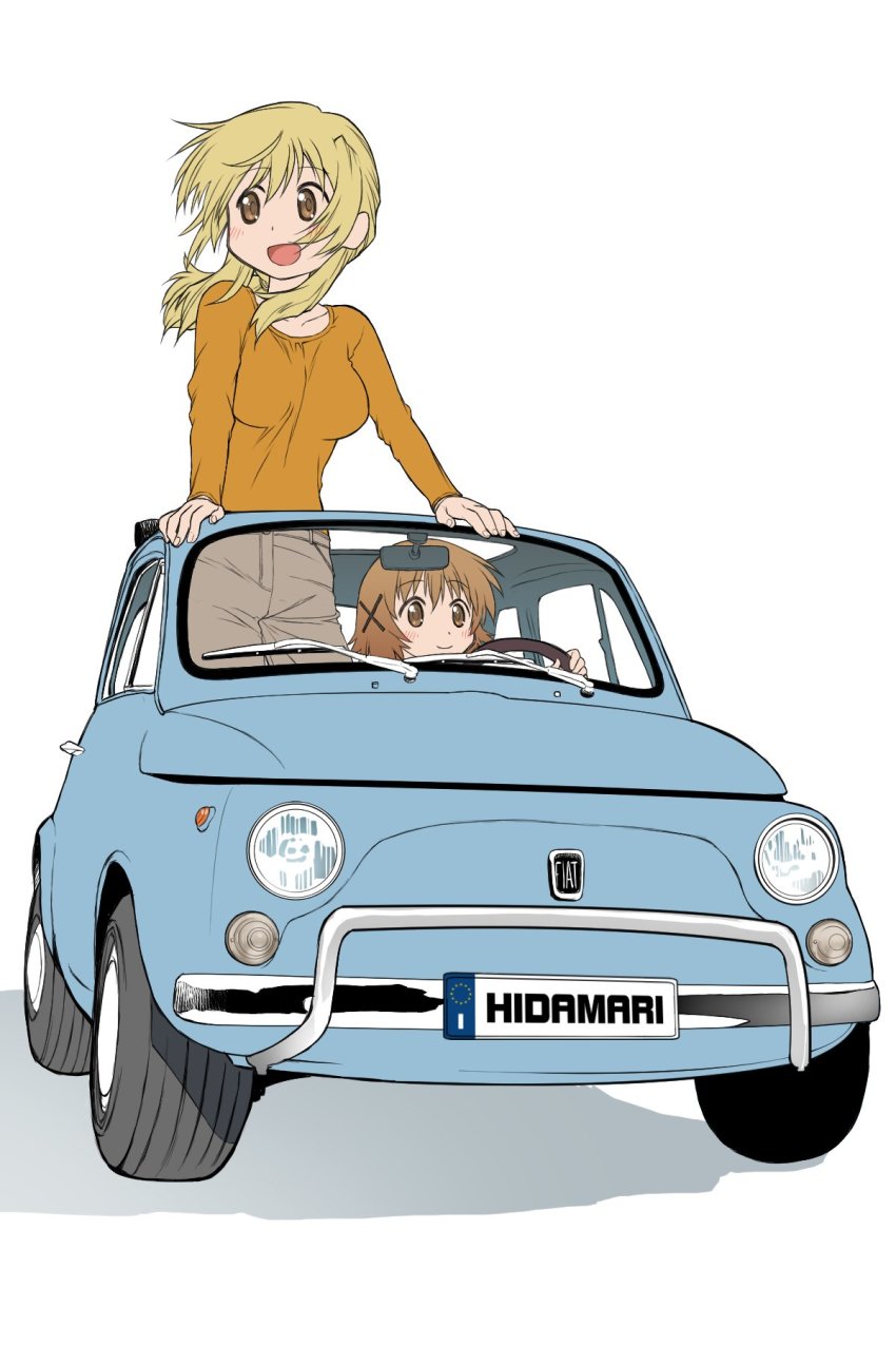 2girls blonde_hair blush bm_epsg3395 brown_eyes car fiat fiat_500 hidamari_sketch highres long_hair miyako_(hidamari_sketch) motor_vehicle multiple_girls short_hair simple_background smile white_background yuno_(hidamari_sketch)