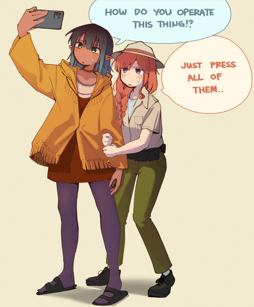 2girls arm_hug blue_eyes blue_hair bowler_hat braid brown_shirt character_request choker dark-skinned_female dark_skin english_text green_eyes hat highres holding holding_phone jacket long_hair long_sleeves machuuu68 medium_hair multiple_girls national_park_girls orange_hair pantyhose park_ranger phone pointy_ears sandals shirt single_braid sweatdrop white_shirt yellow_jacket