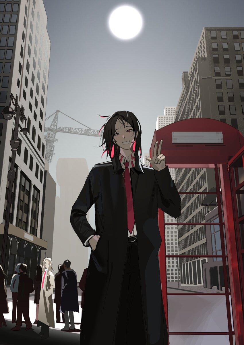 1girl 6+others :d absurdres black_coat black_eyes city coat collared_shirt colored_inner_hair crane_(machine) feet_out_of_frame hand_in_pocket head_tilt heterochromia highres lamppost looking_at_viewer ma_someru mole mole_under_eye multicolored_hair multiple_others necktie open_clothes open_coat open_mouth original people phone_booth red_eyes red_necktie road shirt smile solo_focus street sun sunrise v white_shirt