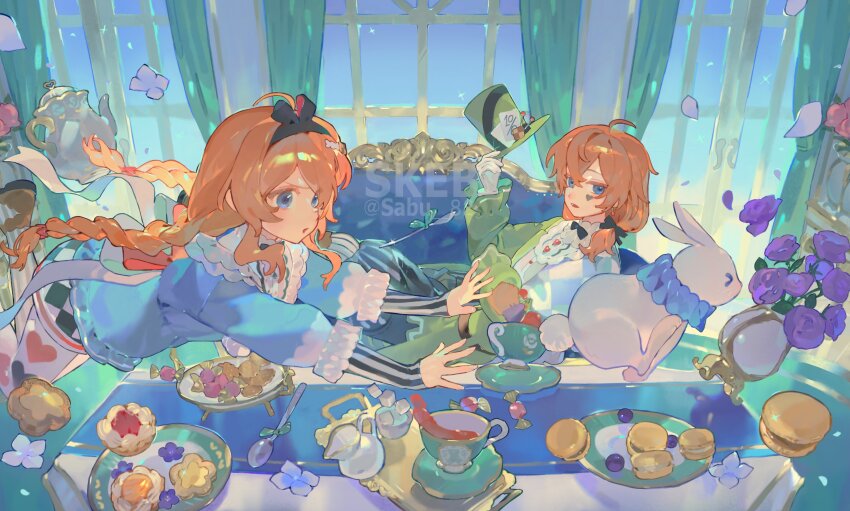 1boy 1girl absurdres black_hairband blue_dress blue_eyes braid commission cookie cup curtains dress flower_pot food green_hat green_jacket hairband hat heart heart_tattoo highres jacket medium_hair open_mouth orange_hair original rabbit sabu_82 side_ponytail skeb_commission tattoo teacup vertical-striped_sleeves watermark window