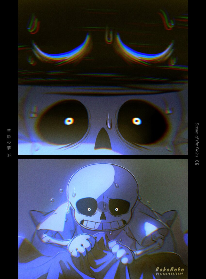 1boy artist_name bed closed_eyes dreaming english_text highres korokor59513559 male_focus nervous_sweating on_bed pillow sans_(undertale) shirt skeleton solo sweat teeth translation_request twitter_username undertale white_shirt