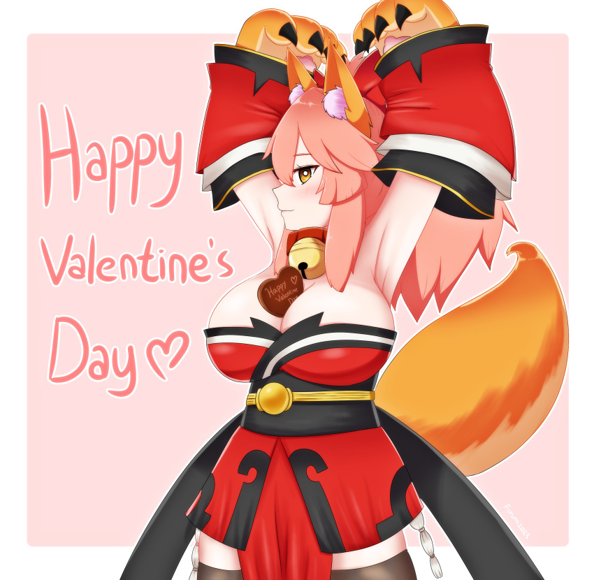 1girl absurdres animal_ear_fluff animal_ears animal_hands arms_up bare_shoulders bell between_breasts breasts cat_paws chocolate cleavage collar detached_sleeves fate/grand_order fate_(series) fox_ears fox_girl fox_tail gloves highres japanese_clothes jingle_bell keita_naruzawa kimono large_breasts looking_at_viewer neck_bell paw_gloves pink_hair ponytail red_kimono red_ribbon ribbon solo tail tamamo_(fate) tamamo_cat_(fate) tamamo_cat_(first_ascension)_(fate) valentine