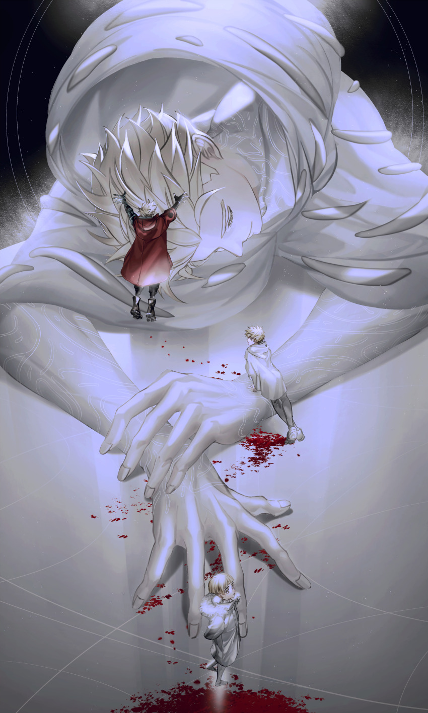 2boys absurdres brothers closed_eyes eyelashes fingerless_gloves fingernails giant gloves highres hood hood_down hooded_coat hooded_robe looking_back lying male_focus millions_knives multiple_boys multiple_views on_stomach petals prosthesis prosthetic_arm red-coat robe short_hair siblings trigun vash_the_stampede yakikesen