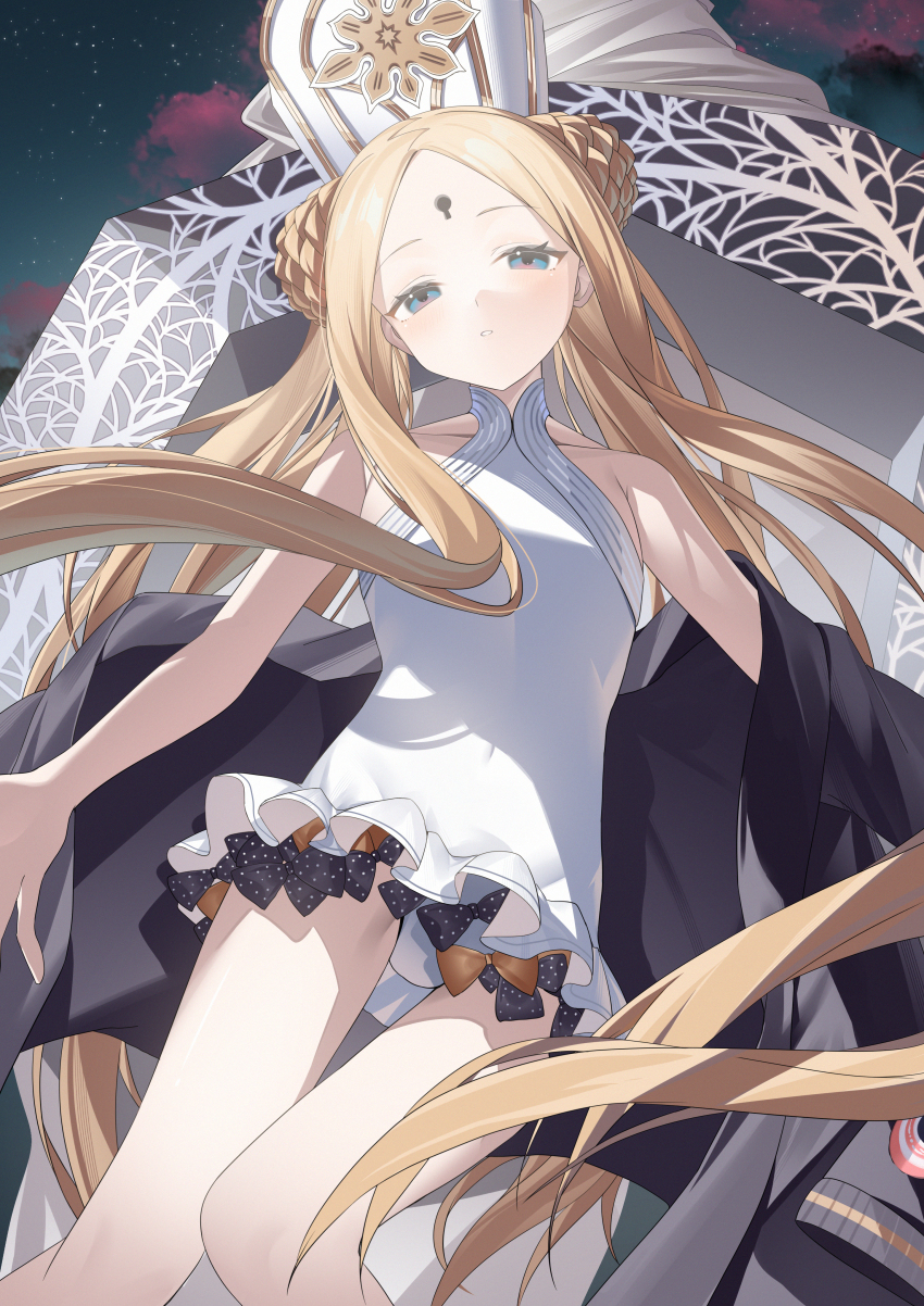 1girl abigail_williams_(fate) abigail_williams_(swimsuit_foreigner)_(fate) abigail_williams_(swimsuit_foreigner)_(second_ascension)_(fate) absurdres blonde_hair blush braid braided_bun double_bun dress_swimsuit expressionless fate/grand_order fate_(series) flat_chest hair_bun hat highres keyhole long_hair looking_at_viewer mitre miyu10366 one-piece_swimsuit parted_lips sky solo star_(sky) starry_sky swimsuit thigh_gap very_long_hair white_one-piece_swimsuit
