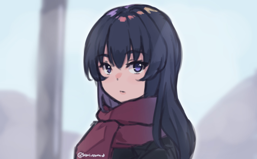 1girl black_jacket blue_eyes blue_hair eclair_(girls_und_panzer) from_side girls_und_panzer girls_und_panzer_gekitou!_maginot-sen_desu!! highres jacket kimi_tsuru long_hair looking_at_viewer red_scarf scarf signature