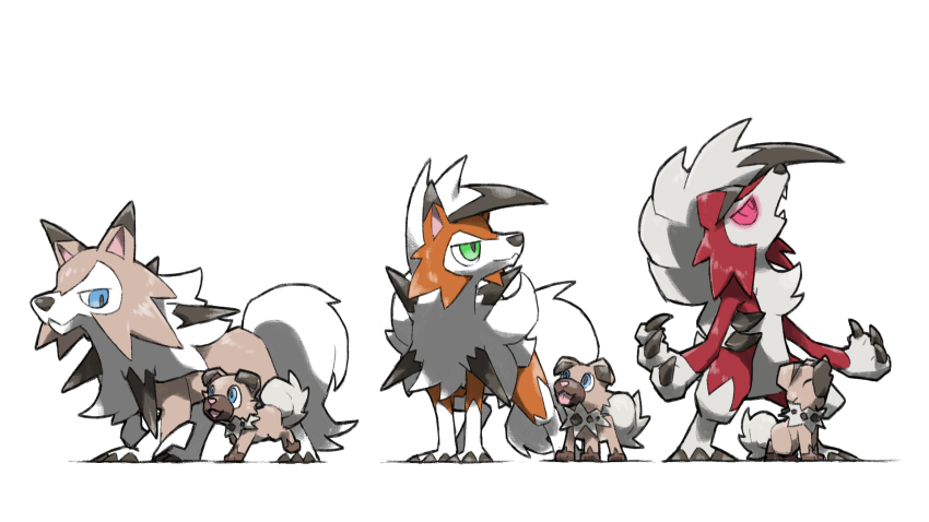 animal_focus blacknirrow blue_eyes claws dog evolutionary_line fangs game_freak gen_7_pokemon glowing glowing_eyes green_eyes highres howling lycanroc lycanroc_(dusk) lycanroc_(midday) lycanroc_(midnight) nintendo no_humans open_mouth pokemon pokemon_(creature) red_eyes rockruff simple_background white_background