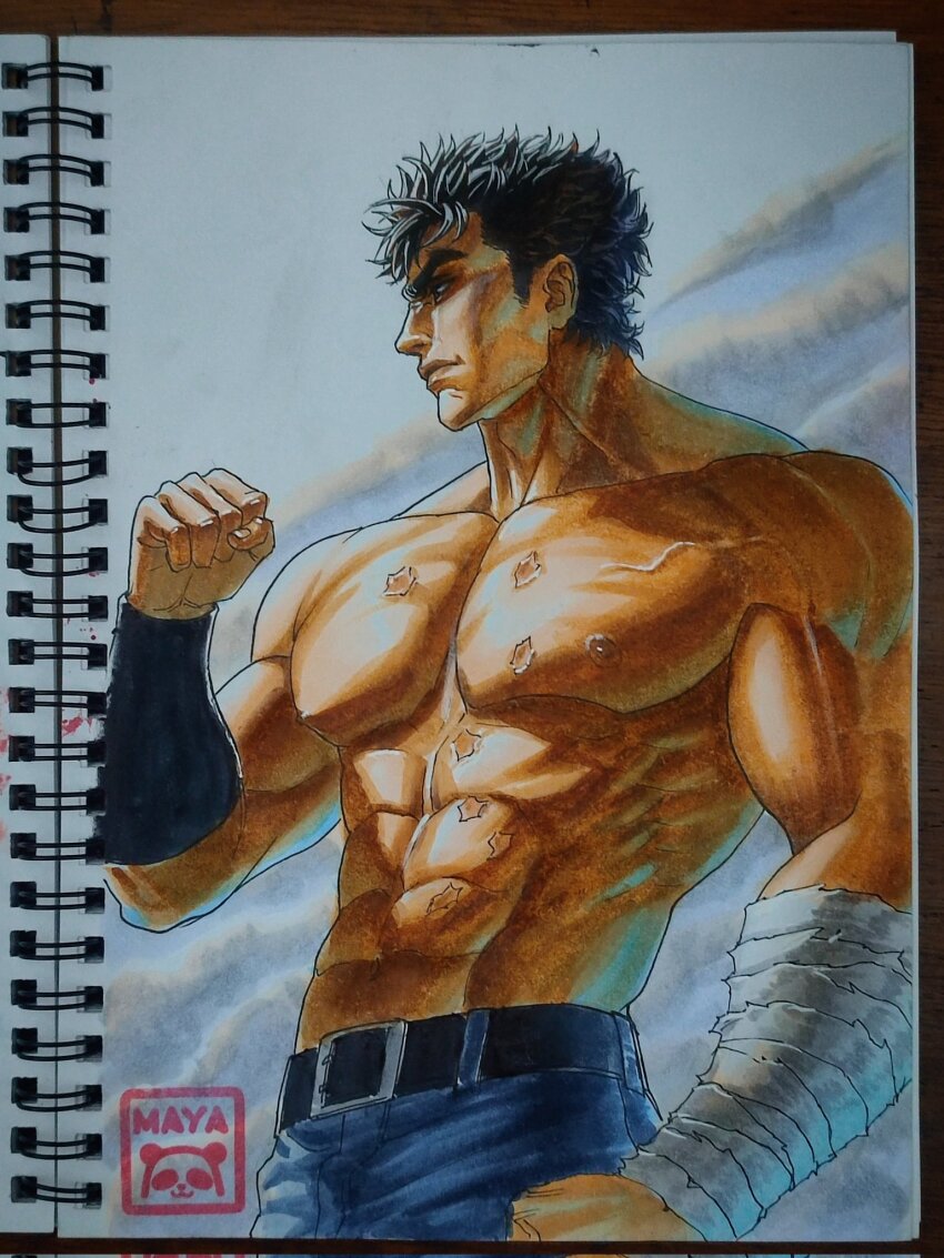 1boy abs bara black_hair clenched_hand colored_pencil_(medium) cowboy_shot denim highres hokuto_no_ken jeans kenshiro large_pectorals looking_ahead male_focus mature_male maya_panda multicolored_hair muscular muscular_male navel navel_hair nipples pants pectorals photo_(medium) scar scar_on_chest short_hair solo standing stomach streaked_hair sunlight thick_eyebrows topless_male traditional_media veiny_pectorals wavy_hair