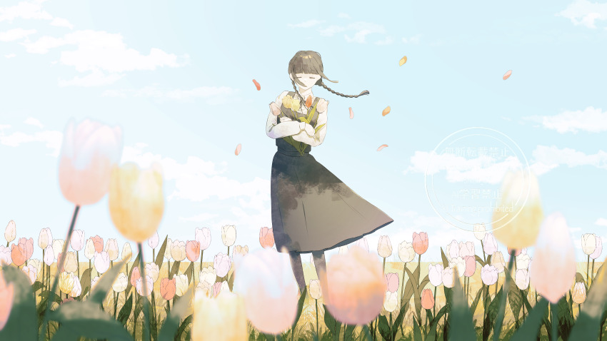 1girl absurdres black_hair bouquet braid closed_eyes cloud collared_shirt commentary_request covered_mouth day dress facing_viewer falling_petals field flower flower_field grey_dress hair_over_mouth highres holding holding_bouquet long_hair long_sleeves medium_dress original outdoors petals pinafore_dress pink_flower pink_tulip scenery shion_08 shirt sky sleeveless sleeveless_dress solo spring_(season) tulip twin_braids twintails video_thumbnail watermark white_flower white_shirt white_tulip wide_shot yellow_flower yellow_tulip