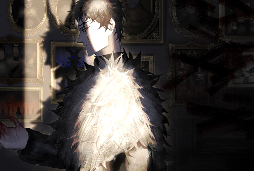 1girl 2boys absurdres alternate_form belt belt_buckle black_clover black_hair black_shirt blood blood_on_hands blood_on_wall blue_eyes buckle chest_harness coat crown demon drop_shadow emblem eyepatch facial_mark frit_2 from_side fur_coat harness high_collar highres indoors light_smile looking_at_hand male_focus mandarin_collar messy_hair multiple_boys one_eye_covered painting_(object) picture_frame portrait_(object) profile shirt short_hair shoulder_strap siblings smeared_blood solo solo_focus spade_(shape) studded_belt tiara zenon_zogratis