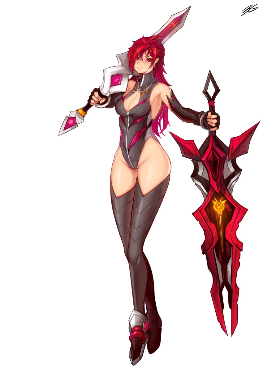 1girl 3gs amulet asymmetrical_dual_wielding dual_wielding elsword elsword_(character) female_focus genderswap genderswap_(mtf) highres holding huge_weapon infinity_sword_(elsword) red_eyes red_hair solo sword weapon