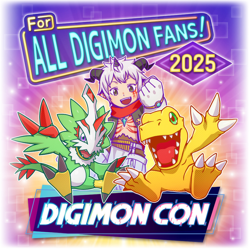 1boy 2025 aegiomon agumon beak bird black_eyes black_vest body_markings chest_jewel copyright_name digimon digimon_(creature) facial_mark feathers goat_horns green_eyes green_feathers grey_hair group_picture horns lizard no_shirt official_art one_eye_closed open_mouth orange_scales panties pointy_ears pteromon purple_eyes sharp_teeth short_hair talons teeth underwear vest white_panties