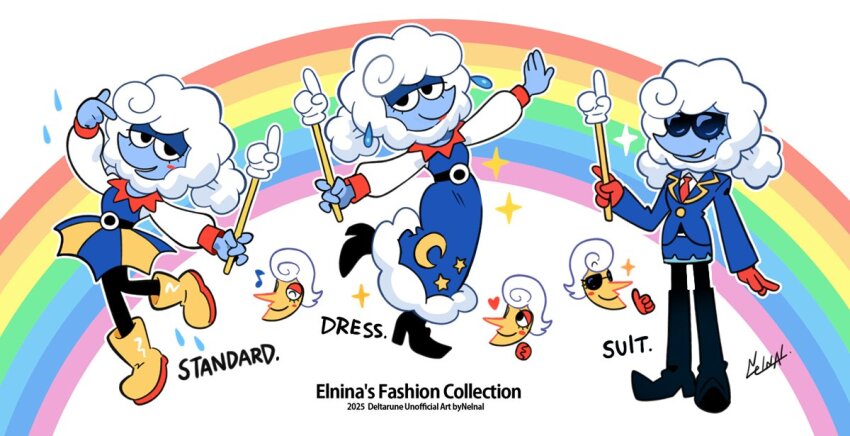 2025 alternate_costume anime_coloring aqua_skin belt black_belt black_boots black_pantyhose blue_dress blue_skirt blue_sleeves blush_stickers boots buttons closed_mouth clothes_variants cloud_hair collared_dress colored_skin commentary contrast_collar cosplay crescent_print dated deltarune dress earrings elnina_(deltarune) english_commentary english_text fewer_digits flipped_hair gloves head_only holding holding_pointer jewelry knees_together_feet_apart lanino_(deltarune) lanino_(deltarune)_(cosplay) lapels leg_up legs_apart lipstick long_sleeves looking_at_viewer lower_eyelashes_only makeup miniskirt necktie nelnal notched_lapels o-ring o-ring_belt outline outstretched_arms own_hands_together pantyhose pencil_skirt pointer pointy_nose puffy-trimmed_dress rainbow red_gloves red_lips red_necktie red_sleeve_cuffs rubber_boots shirt shoulder_pads signature skirt skirt_set smile sparkle spread_arms standing standing_on_one_leg star_(symbol) star_print sun sunglasses teardrop_earrings teeth thigh_boots thumbs_up twintails undershirt water_drop white_background white_hair white_outline white_shirt white_sleeves white_undershirt wing_collar yellow_boots yellow_skin yellow_skirt yellow_trim
