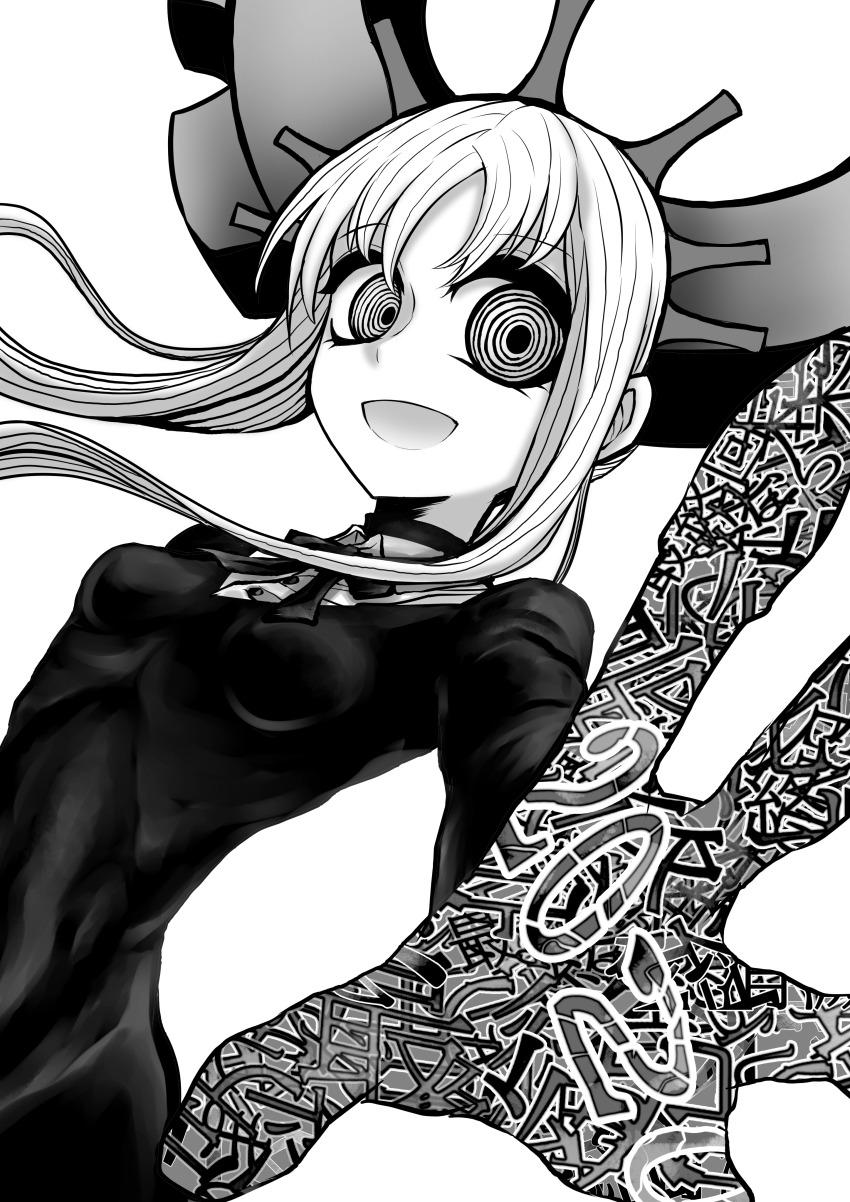 1girl 2020 absurdres breasts commentary_request deus_ex_maki-chan dress greyscale highres horns long_hair mechanical_horns monochrome nazo_no_diaboro open_mouth original reaching reaching_towards_viewer ringed_eyes small_breasts smile solo tight_clothes upper_body