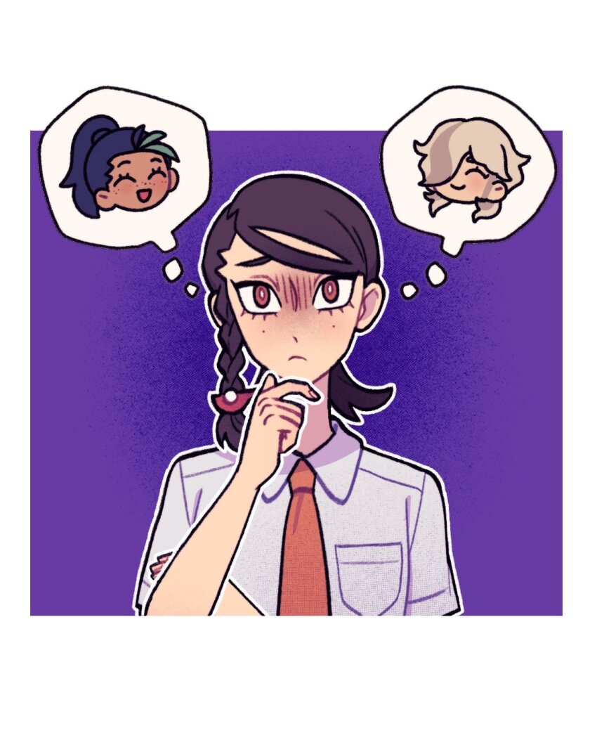 1girl arven_(pokemon) border braid breast_pocket bright_pupils brown_eyes brown_hair closed_mouth collared_shirt commentary eyelashes hand_up highres juliana_(pokemon) necktie nemona_(pokemon) nintendo orange_necktie pocket pokemon pokemon_sv purple_background school_uniform shirt speech_bubble submashell thinking thought_bubble white_border white_pupils white_shirt