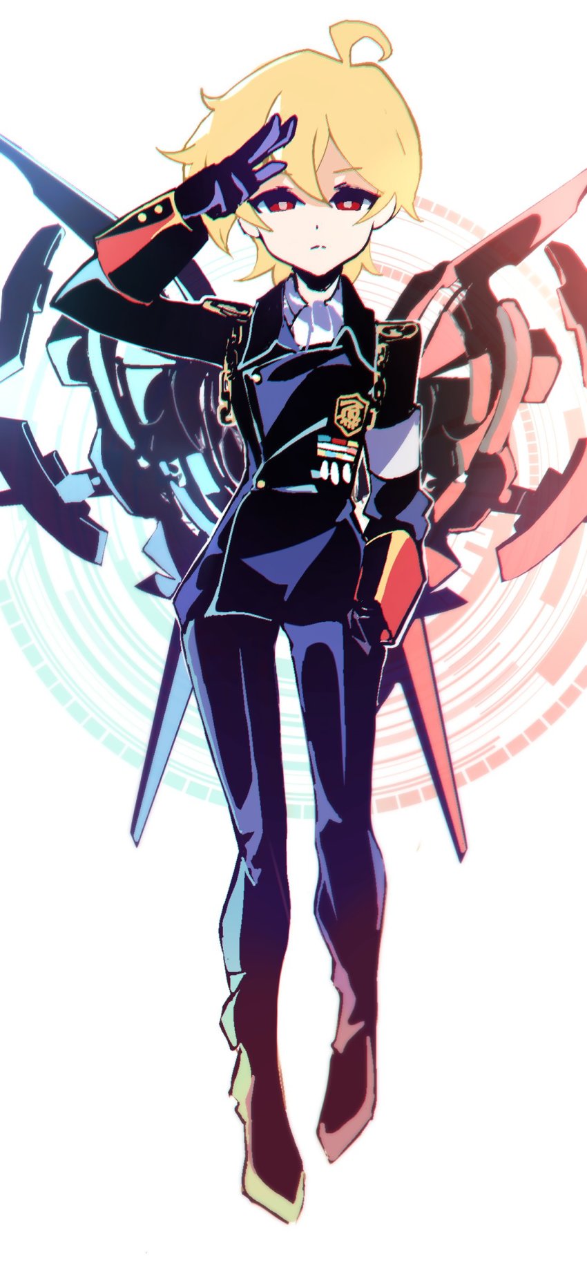 10s 1boy 9_2fc absurdres alpha_omega_nova bad_id bad_twitter_id black_gloves blonde_hair bright_pupils cosplay expressionless full_body gloves hand_in_pocket highres male_focus mechanical_wings over_justice over_justice_(cosplay) police police_uniform red_eyes salute simple_background solo uchuu_patrol_luluco white_background wings