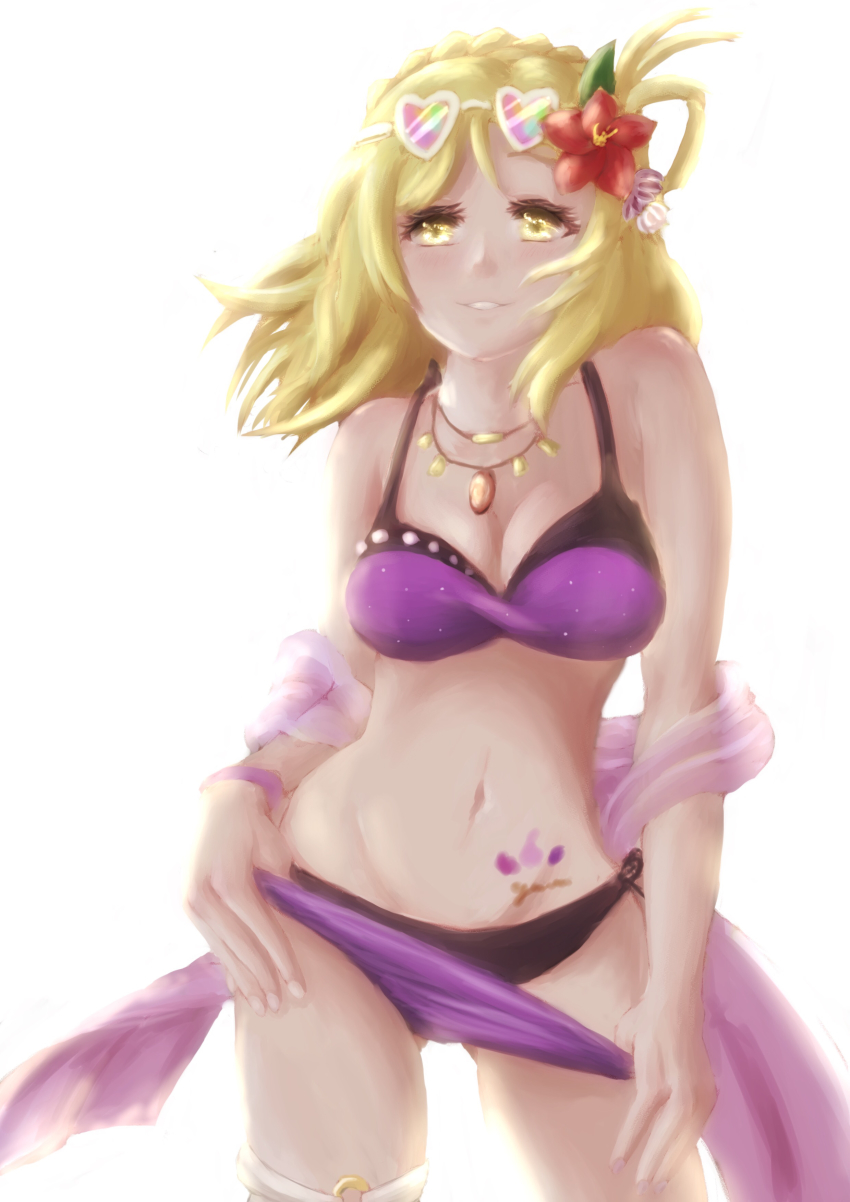 1girl absurdres artist_name artist_request bare_legs bare_shoulders bikini bikini_skirt blonde_hair blush bracelet braid breasts brown_eyes cleavage collarbone crown_braid drop_necklace female_focus floral_print flower frilled_thigh_strap green_eyes hair_flower hair_ornament hair_rings highres holding jewelry layered_bikini legwear_garter looking_at_viewer love_live! love_live!_school_idol_festival love_live!_sunshine!! medium_breasts medium_hair nail_(hardware) nail_polish navel necklace o-ring o-ring_bikini o-ring_top ohara_mari parted_lips pearl_bracelet plaid_bikini plaid_clothes purple_bikini purple_scrunchie red_flower sarong scrunchie short_hair side-tie_bikini_bottom single_legwear_garter smile soles solo stomach_tattoo sunglasses sunglasses_on_head swimsuit tattoo teeth thigh_strap white_background wrist_band wrist_scrunchie wristband yellow_eyes