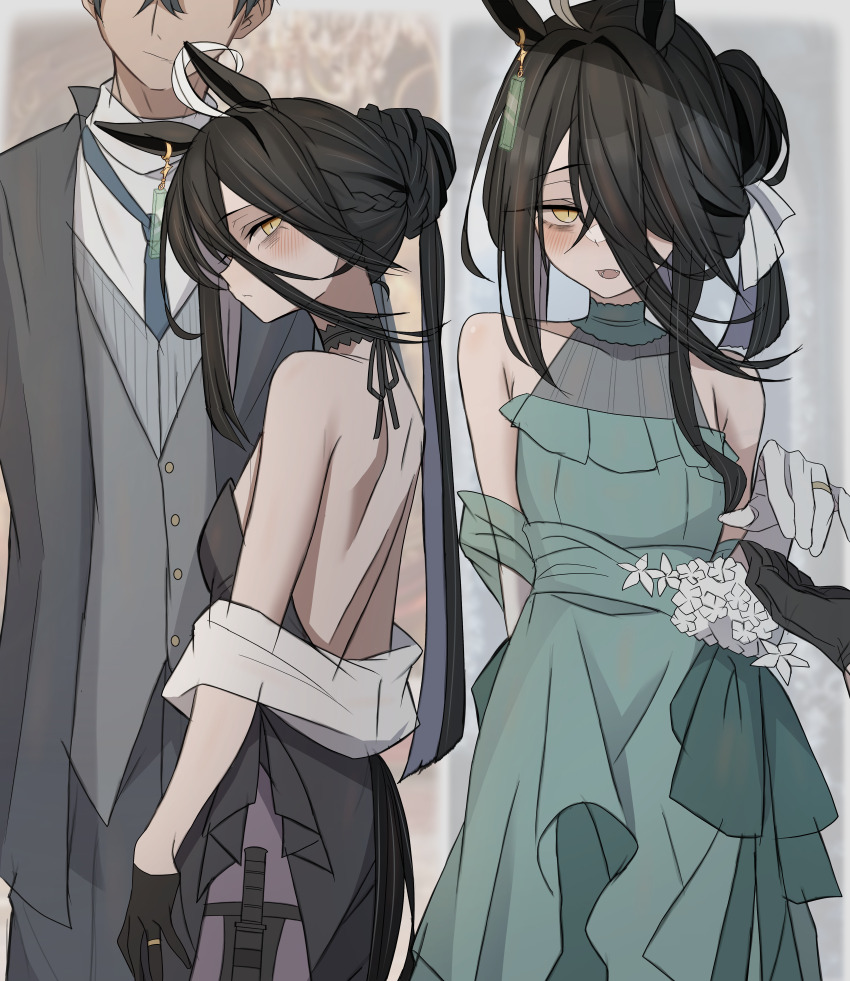1boy 1girl absurdres ahoge animal_ears aqua_dress backless_dress backless_outfit black_dress black_gloves black_hair breasts commentary_request dress ear_tag formal_clothes gloves grey_jacket grey_pants grey_vest hair_bun hair_over_one_eye highres horse_ears horse_girl horse_tail jacket knife_sheath leogust long_hair manhattan_cafe_(umamusume) multicolored_hair multiple_views open_mouth pants sheath single_hair_bun small_breasts tail trainer_(umamusume) two-tone_hair umamusume vest white_gloves white_hair yellow_eyes