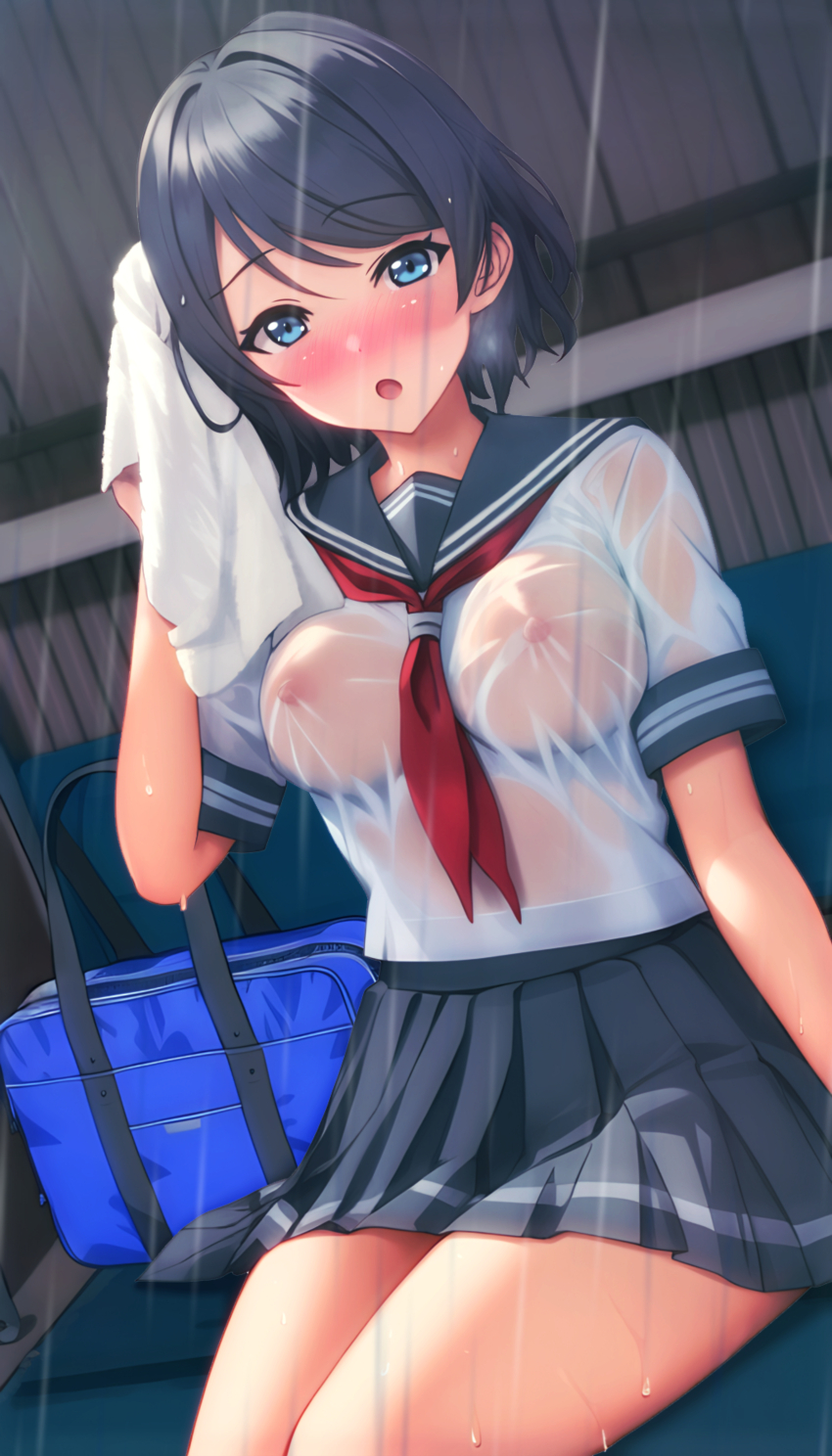 1girl absurdres accidental_pervert bag bench blue_eyes blush breasts breasts_day brown_hair bus_stop covered_erect_nipples drying grey_hair grey_skirt highres large_breasts looking_at_viewer love_live! love_live!_sunshine!! neckerchief necktie nipples no_bra open_mouth pleated_skirt public_indecency puffy_nipples rain red_neckerchief sailor_collar school_bag school_uniform see-through_clothes serafuku shirt short_hair sitting skirt solo thighs towel tropic-mango-juice watanabe_you wavy_hair wet wet_clothes wet_hair white_shirt