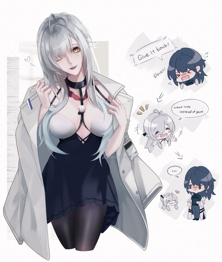 2girls ahoge bare_arms black_dress black_hair black_pantyhose black_shirt borrowed_clothes breasts chibi chibi_inset chief_(path_to_nowhere) coat coat_on_shoulders collarbone collared_shirt commentary cropped_legs dress dress_shirt eleven_(path_to_nowhere) english_text female_chief_(path_to_nowhere) formal_clothes grey_coat grey_hair grey_lips grey_pants hair_over_one_eye heart highres id_card large_breasts linea_alba mole mole_under_eye multiple_girls pants pantyhose parted_lips path_to_nowhere shirt signature smile solo_focus speech_bubble suit symbol-only_commentary two-tone_dress uwa_(uwawawawu) white_dress yellow_eyes
