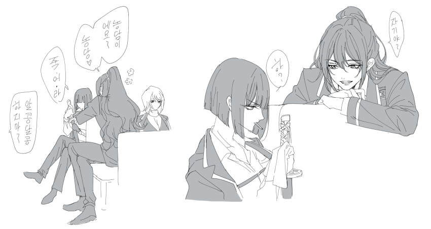 1boy 2girls bob_cut cleaning cleaning_weapon collared_shirt faust_(project_moon) greyscale high_ponytail highres hong_lu_(project_moon) katana korean_text limbus_company long_hair maki_maki_(makimakipoipoi) monochrome multiple_girls ootachi parted_lips ponytail project_moon ryoshu_(project_moon) shirt short_hair smile speech_bubble sword translation_request very_long_hair weapon