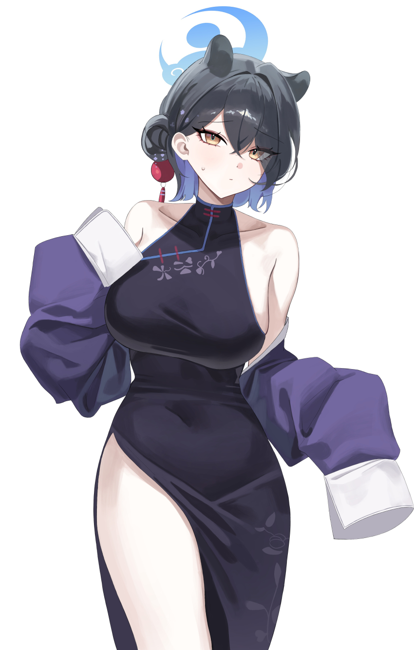1girl absurdres animal_ears bare_shoulders black_dress blue_archive blue_halo blush breasts brown_eyes china_dress chinese_clothes closed_mouth collarbone colored_inner_hair commentary cowboy_shot crossed_bangs curvy dress extra_ears eyelashes eyeliner eyes_visible_through_hair frown hair_between_eyes hair_bun hair_intakes halo hand_up highres kaguya_(blue_archive) korean_commentary large_breasts looking_at_viewer makeup multicolored_hair panther_ears panther_girl raki_kr red_eyeliner short_hair sideboob simple_background single_hair_bun single_side_bun sleeveless sleeveless_dress sleeveless_turtleneck_dress sleeves_past_fingers sleeves_past_wrists solo sweatdrop tsurime white_background