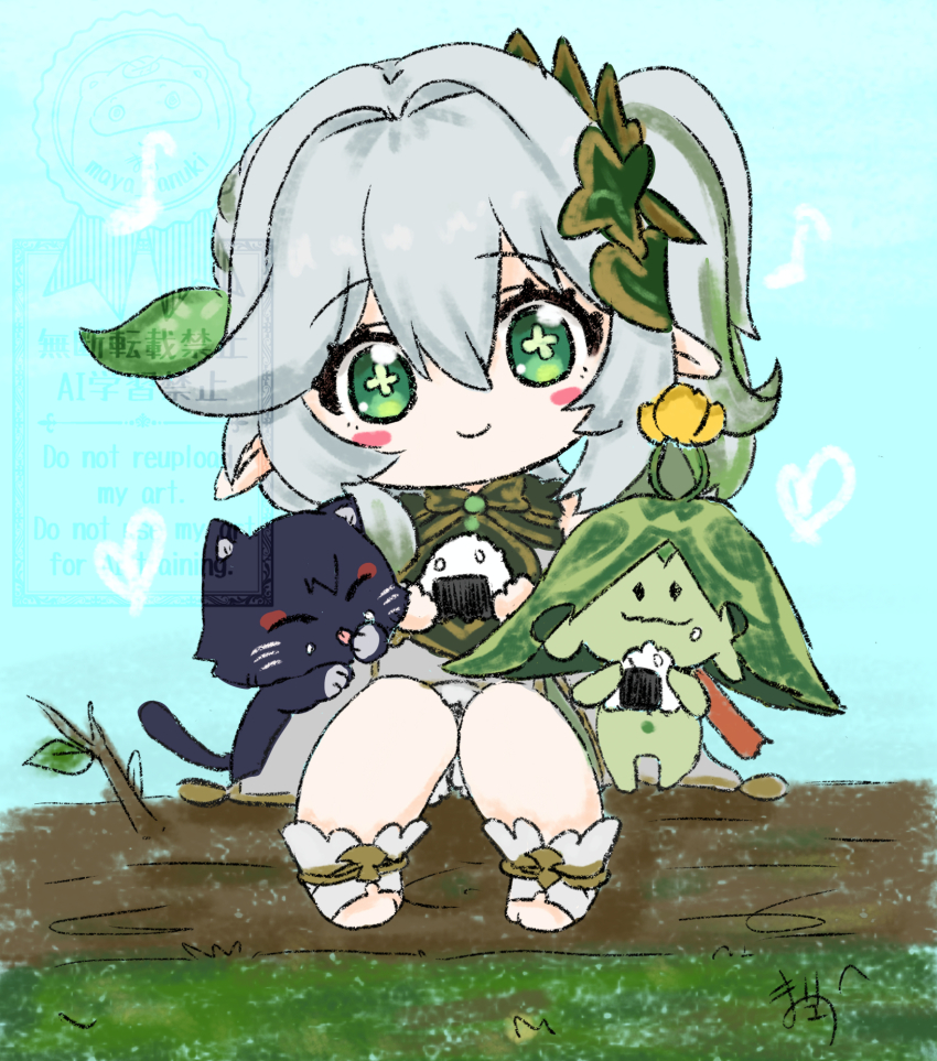 1girl animalization anklet aranara_(genshin_impact) black_cat blue_sky blush_stickers bow cat closed_mouth cross-shaped_pupils dress eyelashes eyeliner eyeshadow food genshin_impact gold gold_trim grass green_bow green_eyes green_hair green_pupils hair_between_eyes hair_intakes hair_ornament half_crown_braid highres holding holding_food jewelry knees_together_feet_apart leaf leaf_hair_ornament log long_hair looking_at_viewer makeup multicolored_hair nahida_(genshin_impact) onigiri pointy_ears red_eyeliner red_eyeshadow sakura6480 scaramouche_(cat)_(genshin_impact) scaramouche_(genshin_impact) side_ponytail sidelocks sitting sitting_on_log sketch sky smile socks straight-on streaked_hair symbol-shaped_pupils tareme toeless_socks watermark white_dress white_hair white_socks