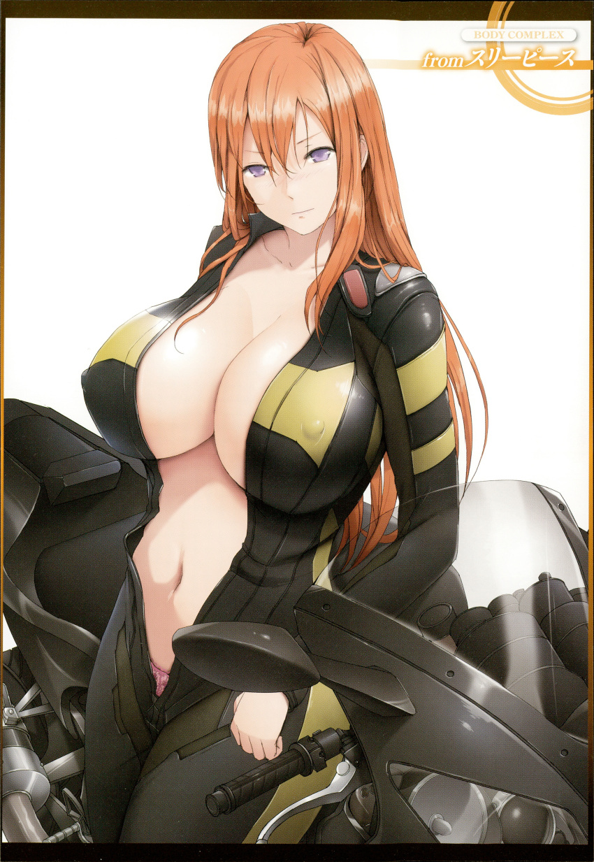 1girl absurdres biker_clothes bikesuit blush bodysuit breasts center_opening cleavage covered_erect_nipples female_focus highres huge_breasts legs long_hair looking_at_viewer motor_vehicle motorcycle navel no_bra open_clothes orange_hair orico original panties purple_eyes simple_background skin_tight solo standing thighs underwear unzipped vehicle white_background