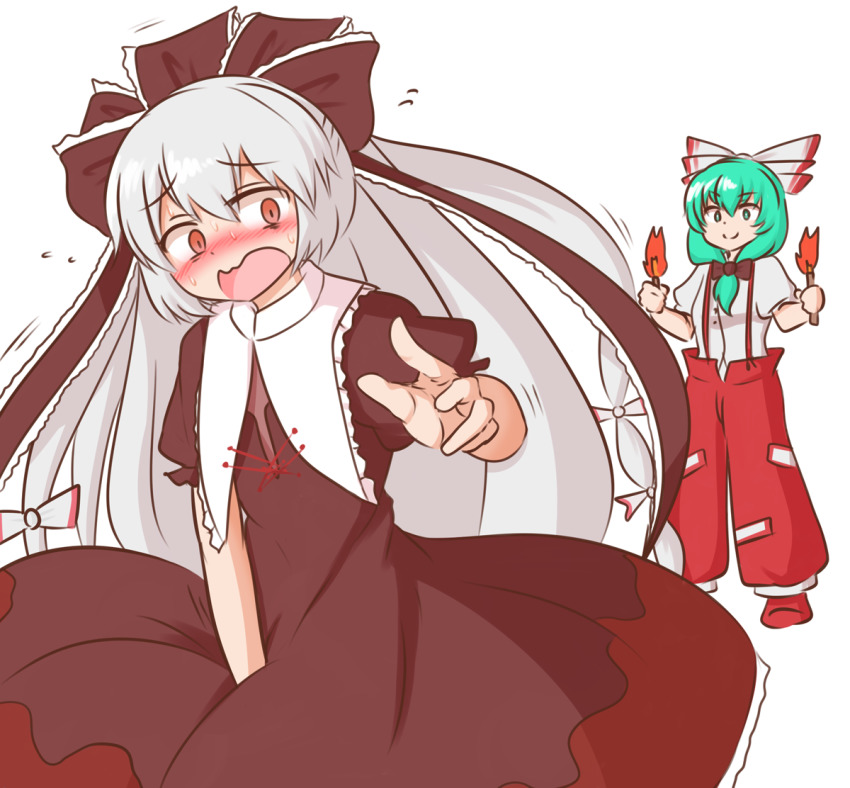 2girls blush bow bright_pupils brown_bow brown_dress brown_ribbon closed_mouth cosplay costume_switch dress frilled_ribbon frills front_ponytail fujiwara_no_mokou fujiwara_no_mokou_(cosplay) green_eyes green_hair grey_hair hair_bow hair_ribbon holding holding_torch kagiyama_hina kagiyama_hina_(cosplay) long_hair looking_at_viewer mizusoba multiple_girls ofuda ofuda_on_clothes open_mouth orange_eyes pants red_pants ribbon shirt short_sleeves simple_background smile standing suspenders sweat torch touhou white_background white_bow white_pupils white_shirt