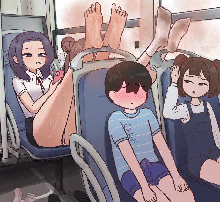 1boy 3girls absurdres barefoot bus candy cellphone dirty dirty_feet dirty_socks erection food foot_focus highres lollipop motor_vehicle multiple_girls phone smell smelly_feet socks steam sweat sweatdrop unworn_socks woo