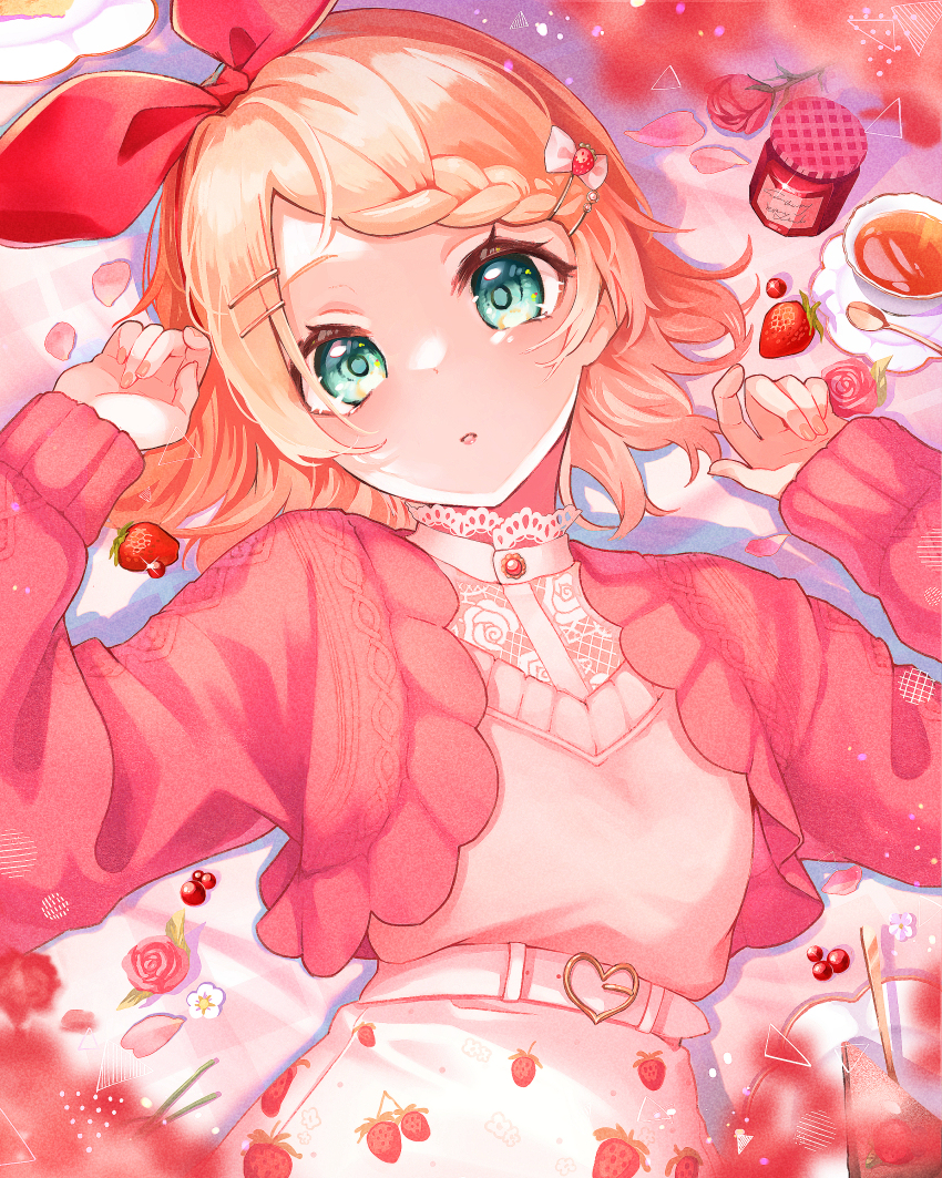 1girl absurdres alternate_costume belt blonde_hair bow braid brooch cardigan commentary_request cup fishnet_top fishnets flower food fruit green_eyes hair_bow hair_ornament hair_spread_out hands_up head_tilt high-waist_pants highres jam jewelry kagamine_rin leaf lips long_sleeves looking_at_viewer lying nail_polish on_back open_cardigan open_clothes orange_nails pants parted_lips pink_flower pink_petals pink_rose pink_sweater plate red_bow red_brooch red_cardigan rose shireru_illust short_hair single_braid solo spoon strawberry strawberry_jam sweater tea teacup turtleneck upper_body vocaloid watermelon watermelon_slice white_belt white_flower white_pants