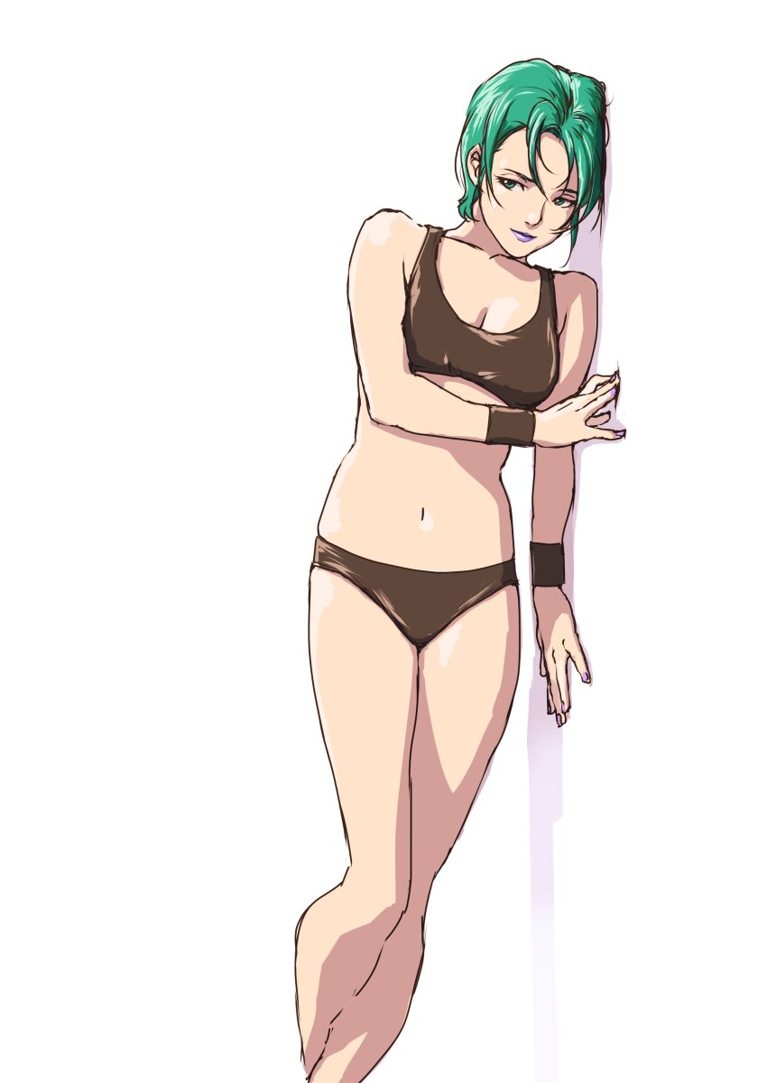 1girl absurdres aqua_hair black_panties blue_eyes breasts cleavage closed_mouth four_murasame gundam highres lipstick makeup nail_polish navel panties short_hair simple_background solo standing teikoku_jokyoku underwear white_background zeta_gundam