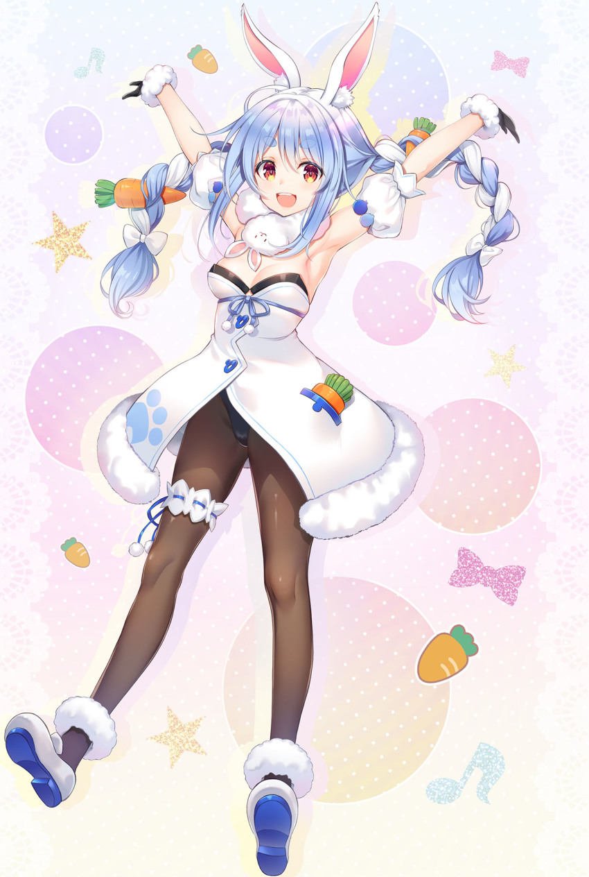 1girl :d animal_ear_fluff animal_ears armpits arms_up bare_shoulders black_gloves black_leotard blue_hair braid breasts brown_pantyhose carrot_hair_ornament commentary_request detached_sleeves don-chan_(usada_pekora) dress food-themed_hair_ornament full_body fur-trimmed_dress fur-trimmed_gloves fur_trim gloves hair_between_eyes hair_ornament highres hololive leotard long_hair looking_at_viewer medium_breasts multicolored_hair open_mouth pantyhose polka_dot polka_dot_background puffy_short_sleeves puffy_sleeves rabbit_ears red_eyes shoe_soles shoes short_eyebrows short_sleeves smile solo star_(symbol) strapless strapless_dress strapless_leotard teeth thick_eyebrows twin_braids twintails two-tone_hair upper_teeth_only usada_pekora usada_pekora_(1st_costume) very_long_hair virtual_youtuber white_dress white_hair white_shoes white_sleeves youta