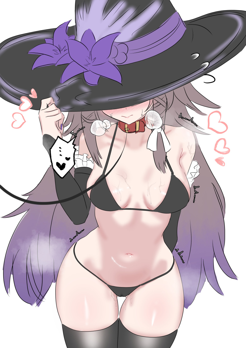 1girl absurdres belt_collar bikini black_bikini black_thighhighs blush breasts brown_hair collar commentary covering_face detached_sleeves hat heart herta_(honkai:_star_rail) highres holding holding_leash honkai:_star_rail honkai_(series) leash long_hair medium_breasts navel oldsickkim solo spoken_heart stomach swimsuit the_herta_(honkai:_star_rail) thighhighs thighs very_long_hair white_background witch_hat