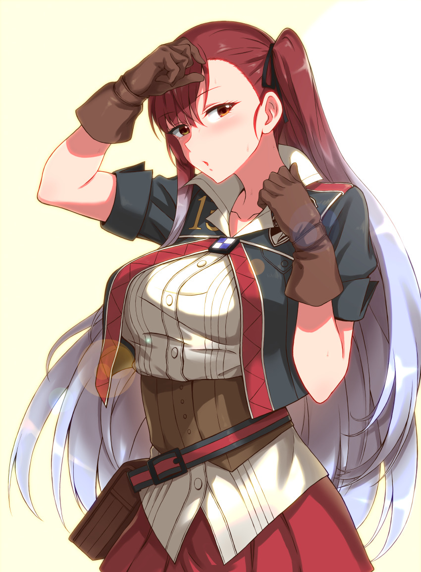 1girl absurdres asymmetrical_hair belt belt_pouch black_jacket blush breasts brown_gloves collared_shirt corset cowboy_shot cropped_jacket female_focus gloves gradient_hair hair_ribbon hand_on_own_head highres huge_filesize jacket leather leather_gloves lens_flare long_hair looking_at_viewer medium_breasts momihige multicolored_hair orange_eyes parted_lips pouch red_hair red_skirt ribbon riela_marcellis senjou_no_valkyria senjou_no_valkyria_(series) senjou_no_valkyria_3 shirt short_sleeves side_ponytail silver_hair simple_background skirt solo sweat two-tone_hair