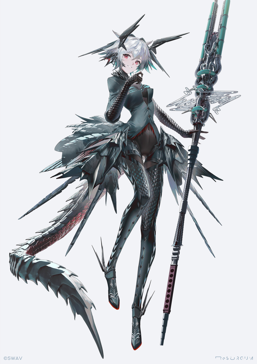 1girl boots breasts dragon_girl dragon_tail grey_hair highres holding holding_polearm holding_weapon looking_at_viewer navel open_mouth original polearm red_eyes short_hair small_breasts solo stomach swav tail teeth thigh_boots thigh_gap weapon