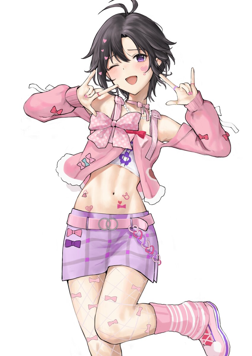 1girl absurdres aburi-gatana antenna_hair belt black_hair bow double_w fishnet_pantyhose fishnets hands_up heart highres idolmaster idolmaster_(classic) jewelry kikuchi_makoto leg_up long_sleeves looking_at_viewer nail_polish navel one_eye_closed open_mouth pantyhose pink_belt pink_bow pink_nails pink_shoes pink_skirt pink_socks purple_eyes ring shoes short_hair simple_background skirt smile socks solo standing standing_on_one_leg stomach w white_background