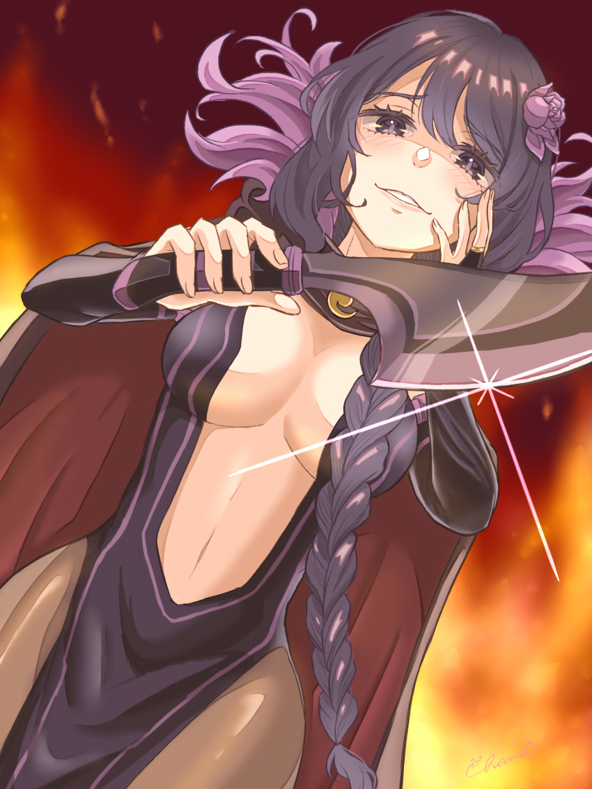 1girl black_hair braid braided_ponytail breasts bridal_gauntlets brown_pantyhose cape center_opening cleavage dagger detached_sleeves elsa_granhilte flower frilled_sleeves frills fur_trim hair_flower hair_ornament highres knife large_breasts long_hair looking_at_viewer navel pantyhose parted_lips purple_eyes purple_flower purple_rose re:zero_kara_hajimeru_isekai_seikatsu revealing_clothes rose solo weapon