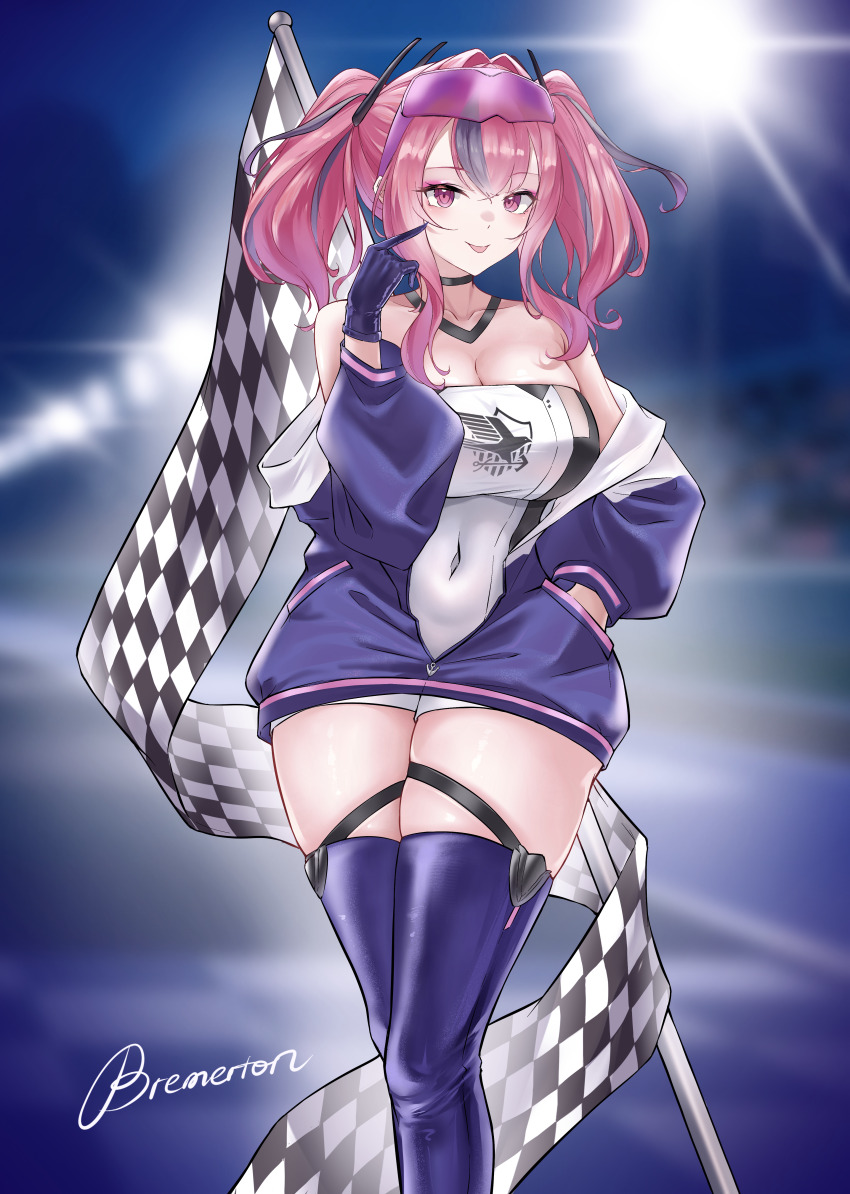 1girl absurdres azur_lane bare_shoulders black_choker black_gloves boots breasts bremerton_(azur_lane) character_name checkered_flag choker cleavage collarbone commentary covered_navel crossed_bangs dress eagle_union_(emblem) ear_piercing eyewear_on_head flag gloves grey_hair hair_between_eyes hair_intakes hair_ornament hand_in_pocket highres index_finger_raised jacket large_breasts long_hair long_sleeves looking_at_viewer multicolored_hair no_mole off_shoulder official_alternate_costume partially_unzipped piercing pink_eyes pink_hair purple_boots purple_jacket race_queen sidelocks skindentation smile solo standing strapless strapless_dress streaked_hair sunglasses takedzutsu_sake thigh_boots thigh_strap thighhighs tongue tongue_out twintails two-tone_hair white_dress zettai_ryouiki