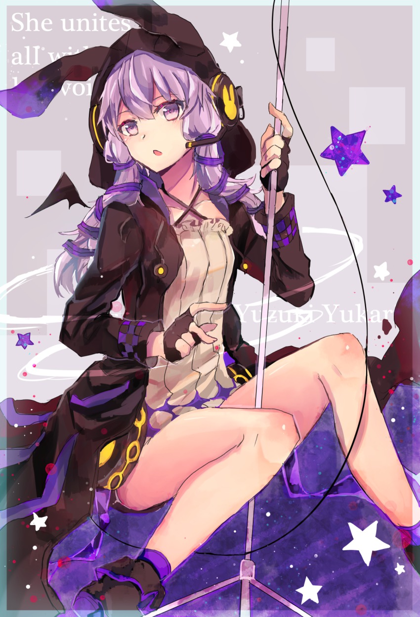 1girl animal_hood animal_print boots character_name collarbone dress english_text female_focus fingerless_gloves gloves hair_ribbon headset highres holding hood hooded_jacket jacket looking_to_the_side microphone_stand open_mouth pointing purple_eyes purple_hair rabbit_hood rabbit_print ribbon sitting solo star_(symbol) strapless strapless_dress suisetsu_mizuna tube_dress twintails v4x vocaloid voiceroid wings yuzuki_yukari yuzuki_yukari_(lin) yuzuki_yukari_(vocaloid4)