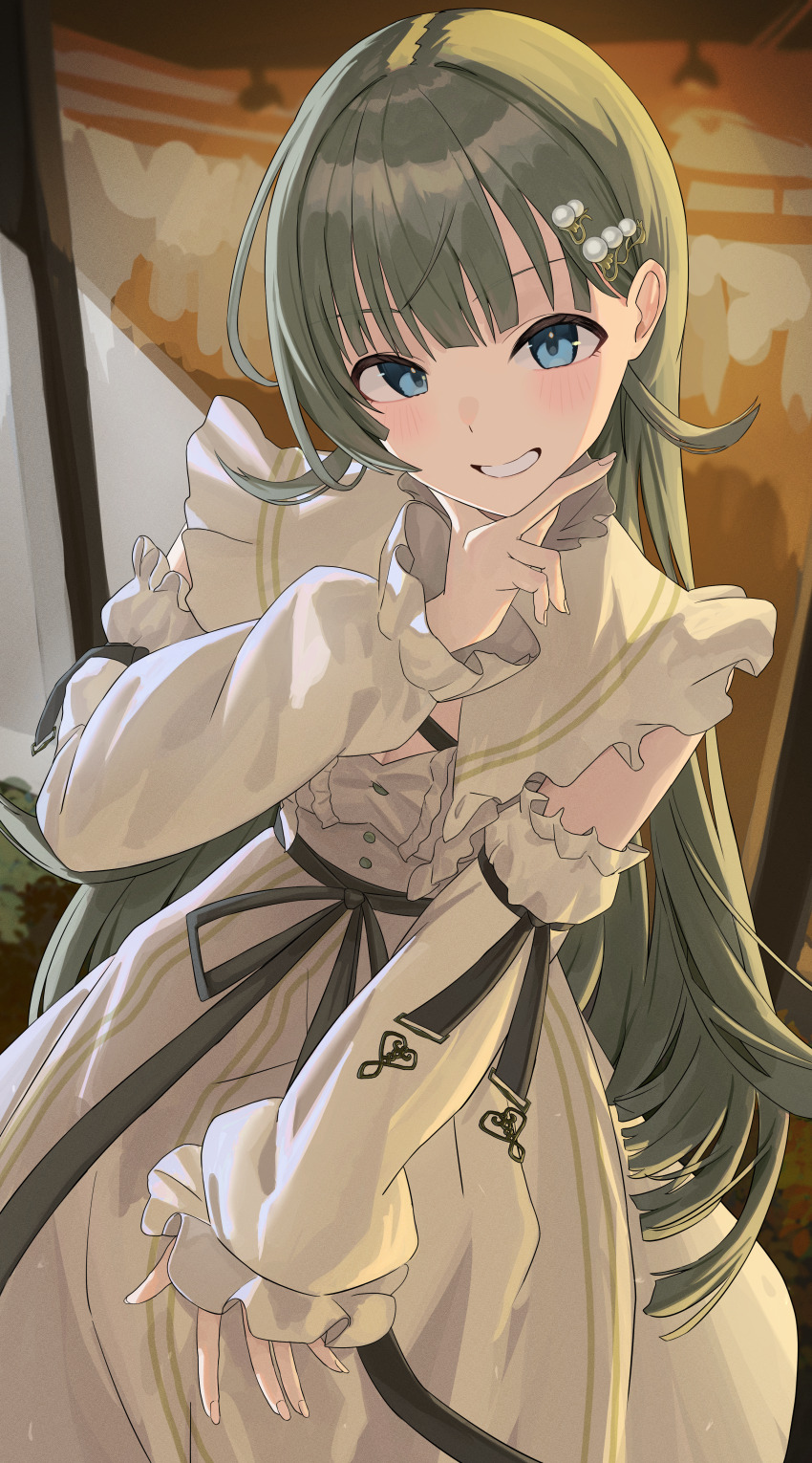 1girl absurdres blue_eyes breasts cattleya_regina_games cleavage cleavage_cutout clothing_cutout collar detached_sleeves dress frilled_collar frills green_hair grin hanabusa_lisa hanabusa_lisa_(1st_costume) highres long_dress long_hair looking_at_viewer pearl_hair_ornament puffy_sleeves ronununn sleeveless sleeveless_dress smile solo v v_over_mouth virtual_youtuber vspo! white_dress